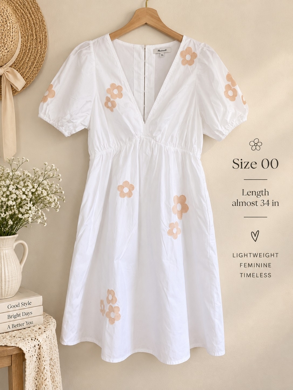 Madewell White Midi Dress with Beige Floral Appliqués